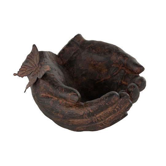 Ivory and Iris 5.25" x 7.5" Dark Brown Open Hands Decorative Sculpture with Butterfly & Copper Accents